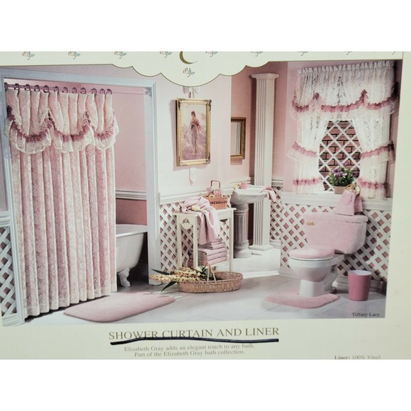 NIP Elizabeth Gray Shower Curtain & Liner Smoke Blue Tiffany Lace 6x6 - Picture 2 of 5